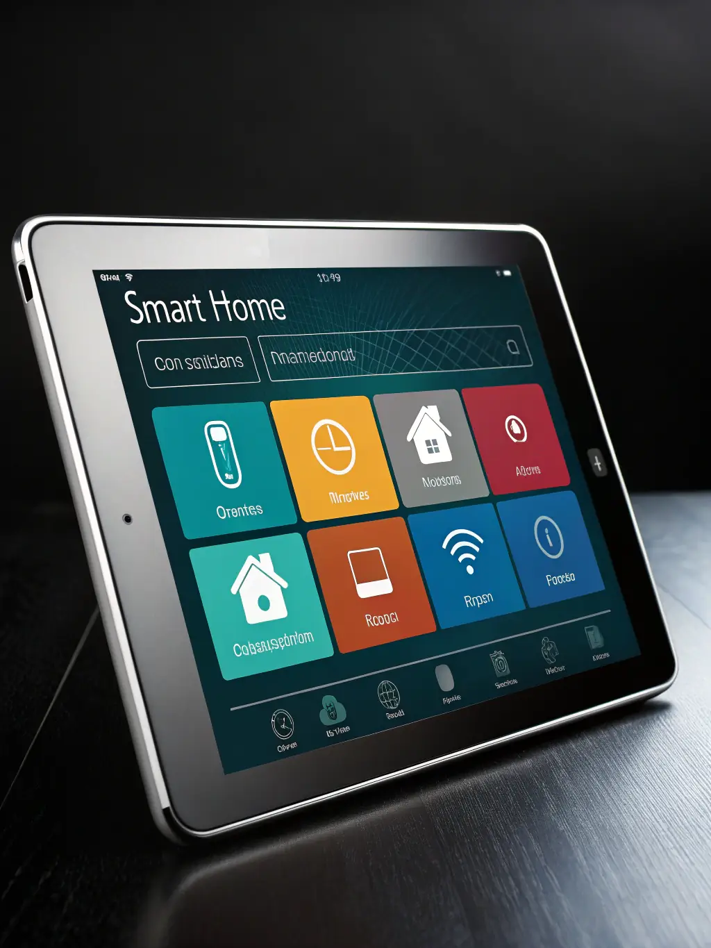 A smart home system interface on a tablet, showcasing Amistelecom's smart home solutions.