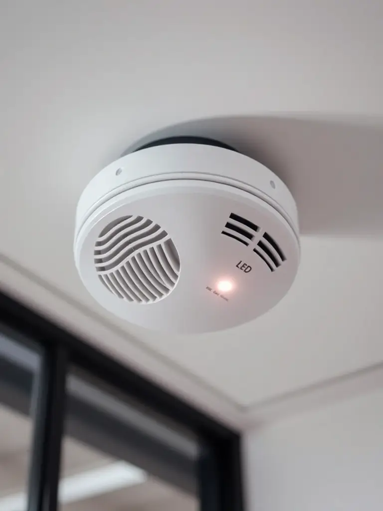A high-resolution image depicting a modern fire detection sensor installed in a commercial building, with subtle visual cues indicating early smoke detection.