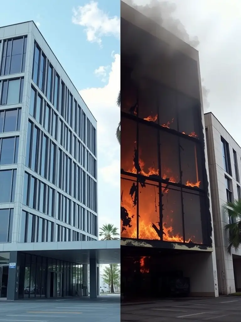 A visual representation of a building before and after a fire, highlighting the difference in damage with and without a fire detection system.