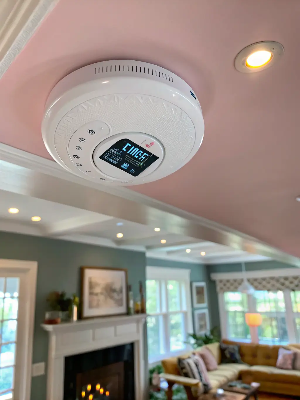 A high-resolution photograph of a modern smoke detector installed on a white ceiling, showcasing its sleek design and unobtrusive presence in a residential setting. The image should convey a sense of safety and technological advancement.