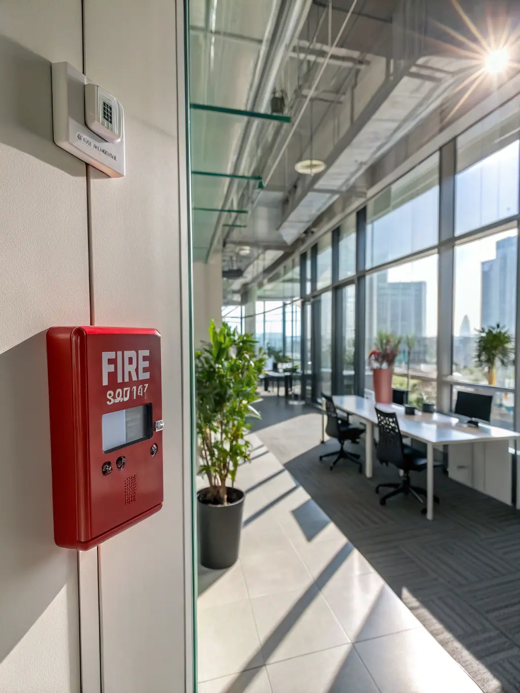 A modern office building interior with a visible fire sprinkler system, showcasing the integration of fire suppression technology.