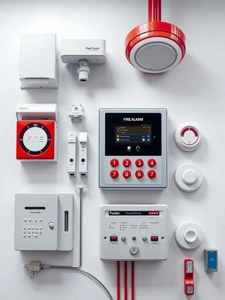 A photograph showcasing various types of fire detectors (heat, flame, multi-sensor) arranged neatly on a table, highlighting their different shapes, sizes, and functionalities. The image should convey the breadth of Amistelecom's product offerings.
