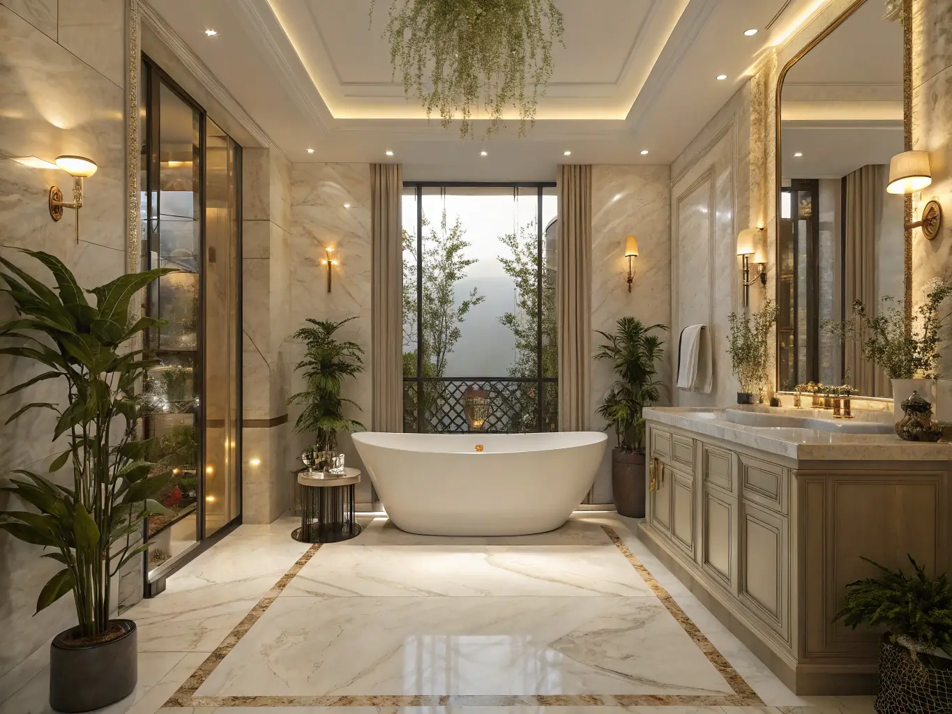 A luxurious bathroom with automated lighting and music, showcasing the comfort and convenience of a KNX smart home. The image should evoke relaxation and well-being.