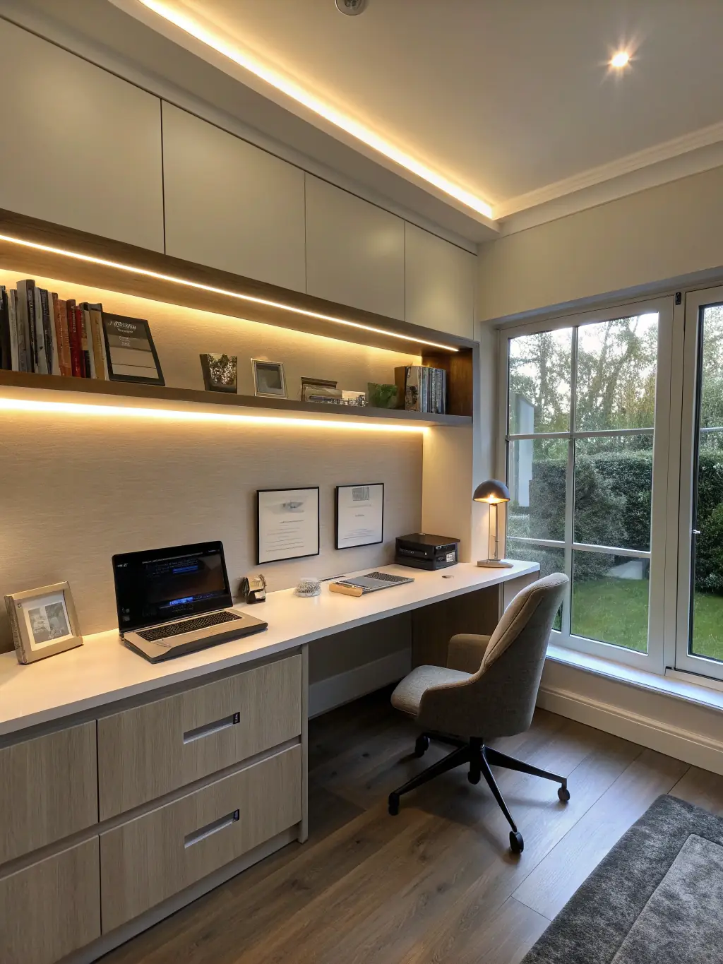 A well-lit, modern office space where the lighting is automatically adjusted based on occupancy and natural light levels, showcasing Amistelecom's intelligent lighting control system.