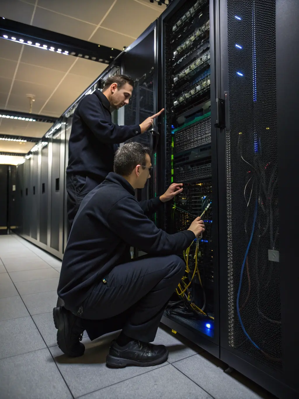 Technicians upgrading a network system in a server room, replacing old components with new, high-performance equipment, showcasing Amistelecom's capabilities in voice-data networks.