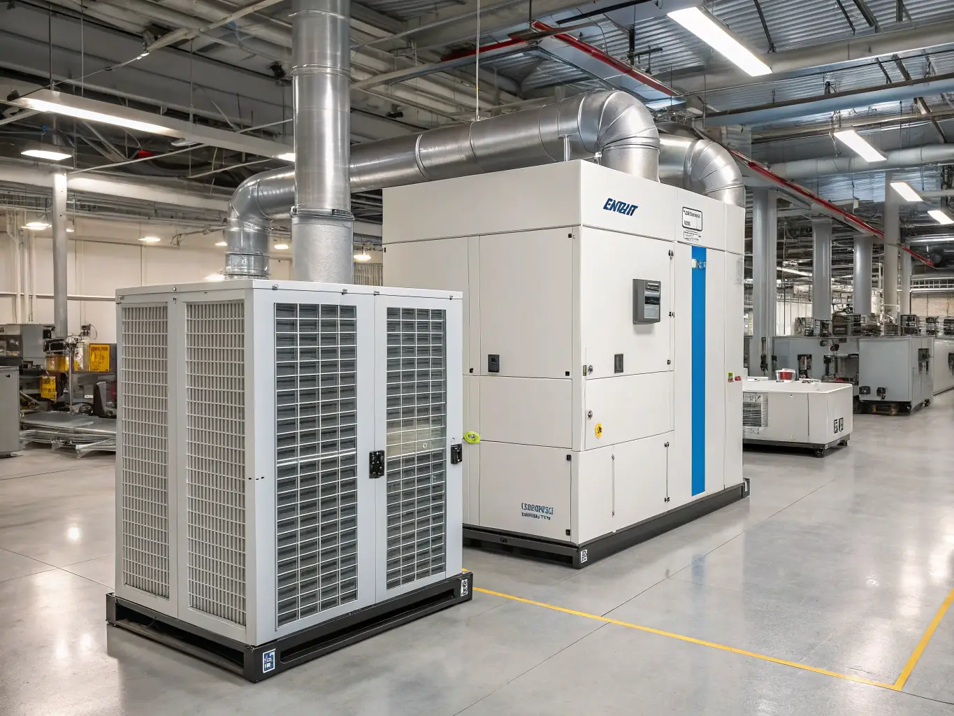 An image showcasing a smoke extraction system installed in a large industrial warehouse, with visible ductwork and ventilation components. The image emphasizes the system's scale and integration within the building's infrastructure.