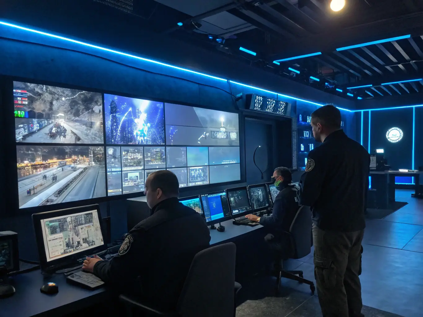 A security control room with multiple screens displaying live CCTV footage and access control systems, emphasizing the enhanced security features of Amistelecom's BMS solutions.