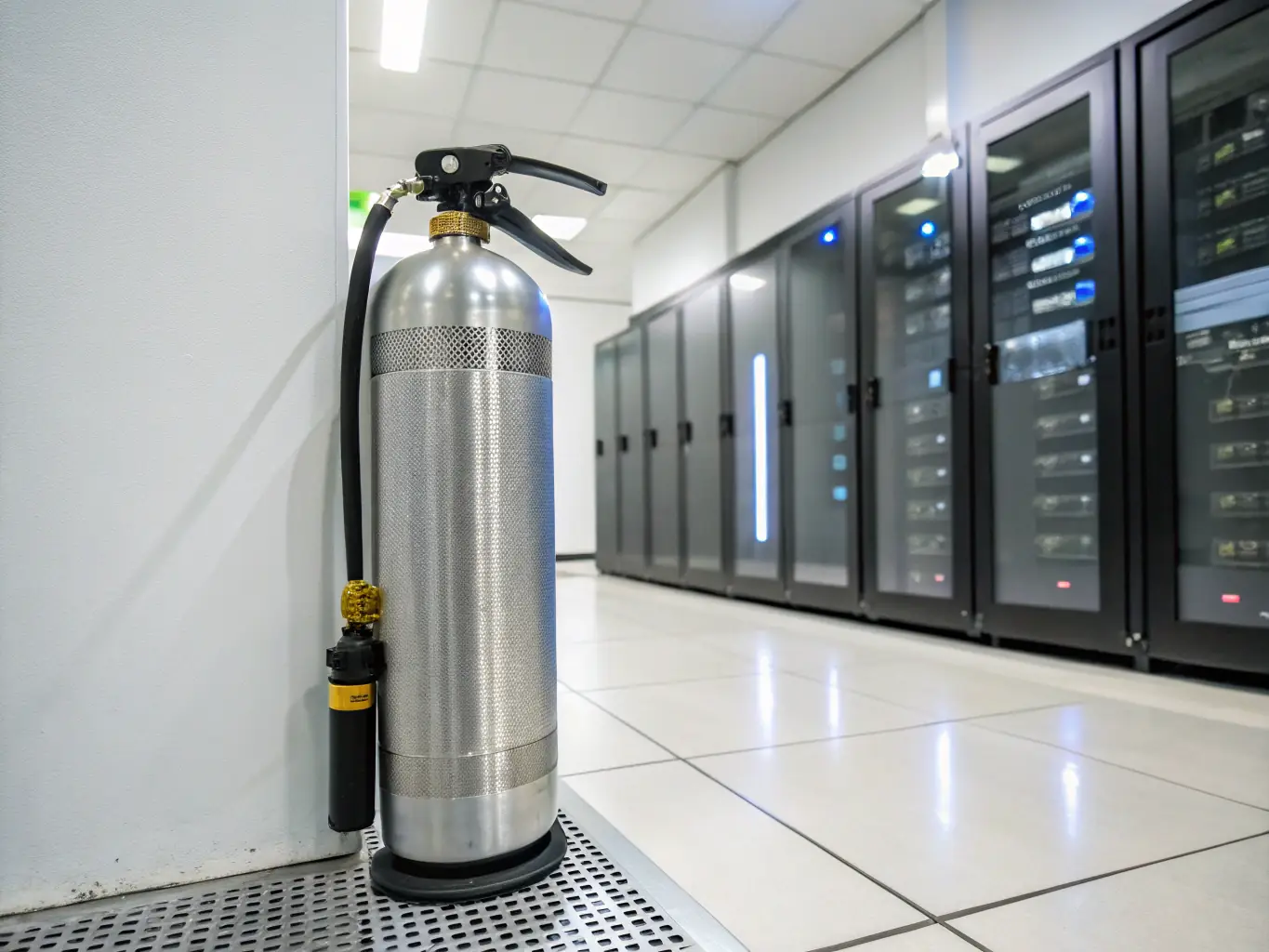 A detailed close-up shot of a fire suppression system nozzle, highlighting its intricate design and the Amistelecom logo subtly placed on the side. The background is a blurred image of a server room, indicating the system's application in data centers.