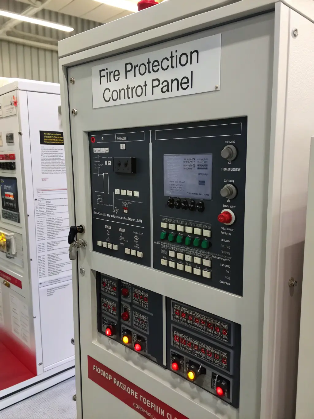 A detailed image of a fire alarm control panel, highlighting its user-friendly interface, clear display, and robust construction. The panel should be shown in a commercial building setting, emphasizing its reliability.