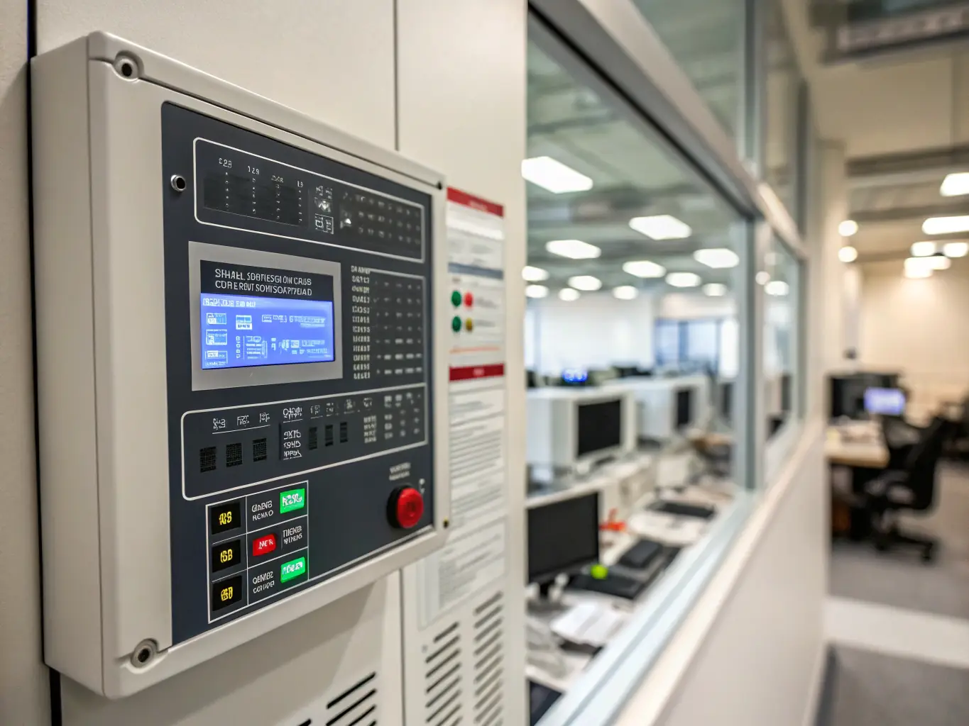 A control panel for a fire alarm system, displaying various indicators and buttons. The panel is well-lit and shows clear labels for each function. The background is a modern office environment, suggesting the system's use in commercial buildings.
