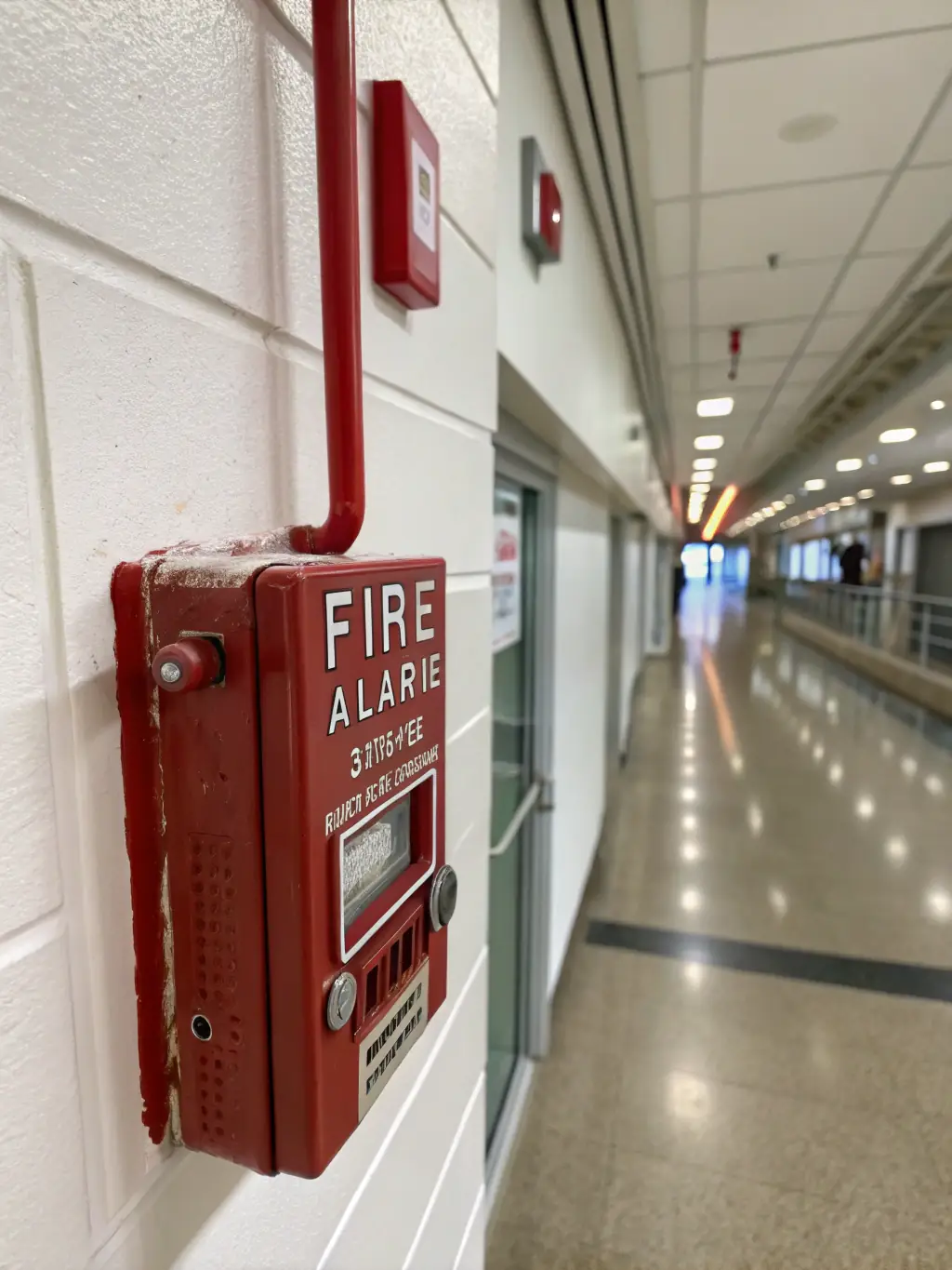 A close-up shot of a loud, clear fire alarm horn and strobe light, emphasizing its effectiveness in alerting occupants during a fire. The alarm should be mounted on a wall in a public space.