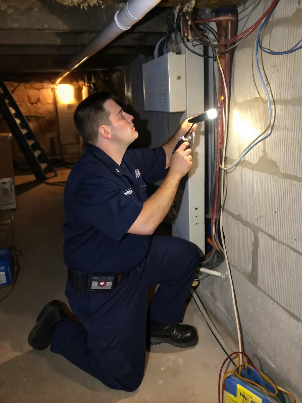 A professional electrician inspecting electrical wiring in a commercial building, ensuring safety and compliance with regulations, reflecting Amistelecom's expertise in electrical installations.