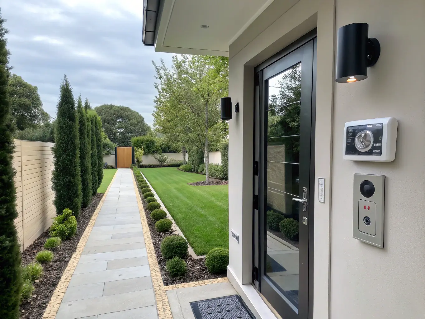 A secure home entrance with advanced access control and surveillance system, highlighting the security benefits of KNX. The image should inspire trust and safety.