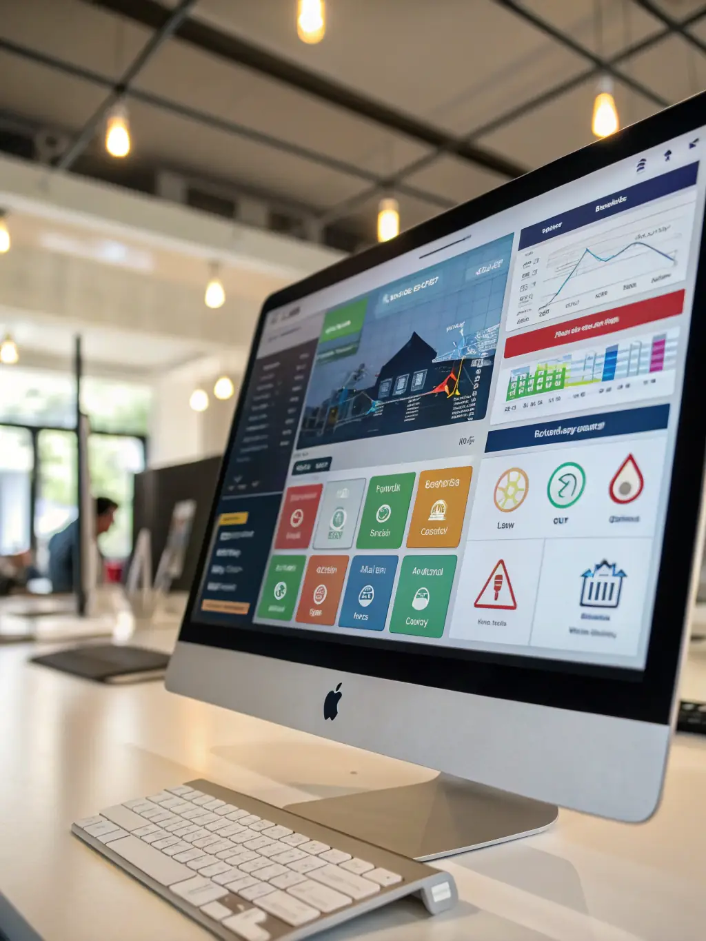 A detailed, brightly lit control panel interface displaying real-time HVAC system performance metrics, including temperature, humidity, and energy consumption, within a modern office building managed by Amistelecom's BMS.