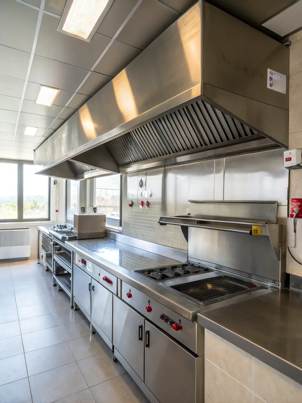 A commercial kitchen with a clean, efficient smoke extraction system installed above the cooking area, ensuring a safe and healthy environment.