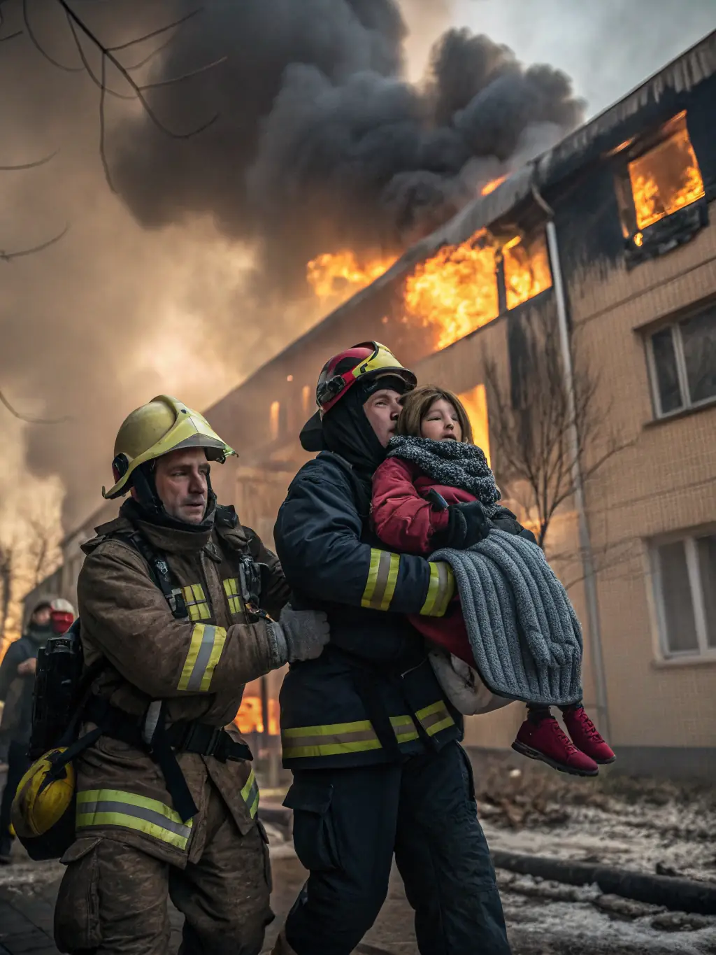 An image showing firefighters responding quickly to a fire alarm in a residential building, emphasizing the speed and efficiency of the response.