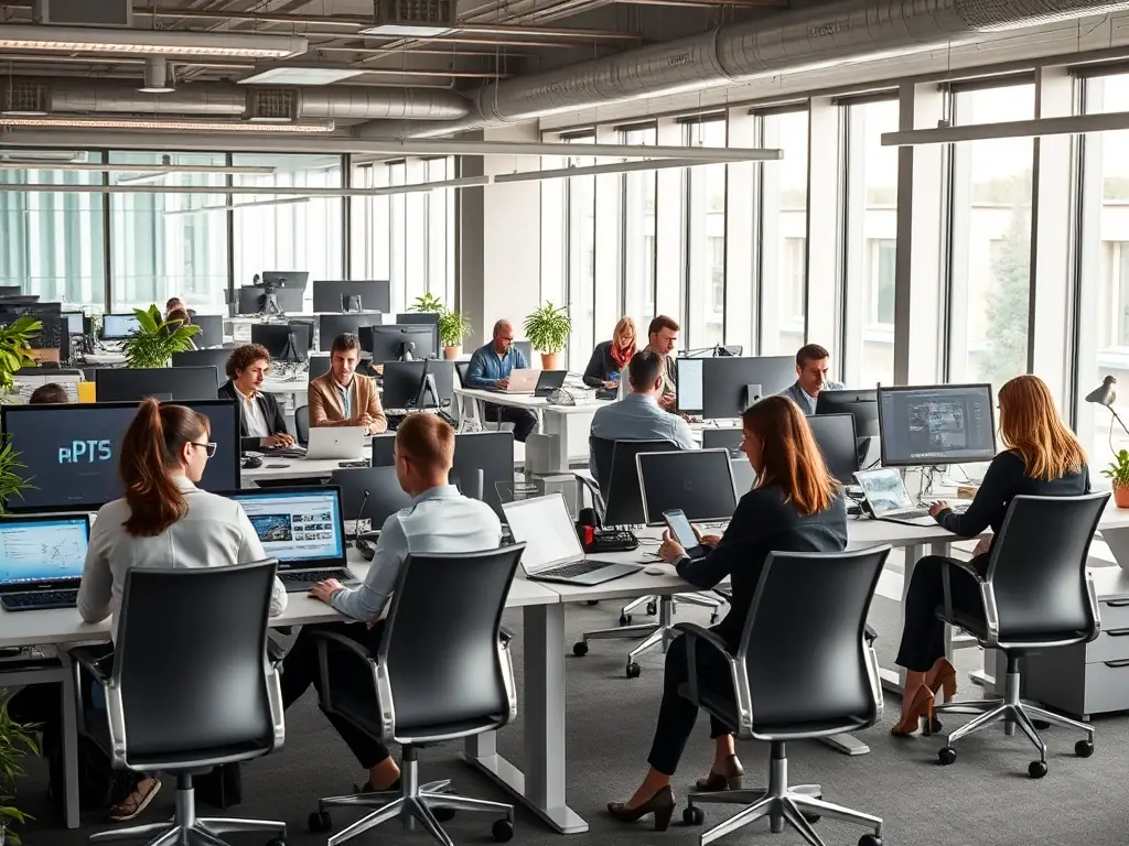 A high-resolution photograph showcasing a modern office environment with employees collaborating seamlessly, highlighting the efficiency enabled by reliable voice and data networks.