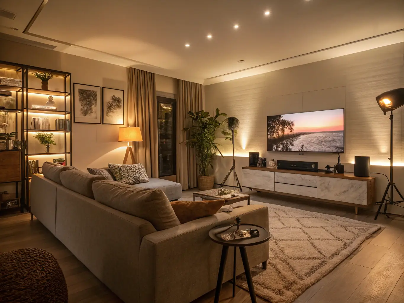 A modern living room with smart lighting and temperature control, showcasing energy efficiency with KNX system. The image should convey a sense of comfort and technological advancement.