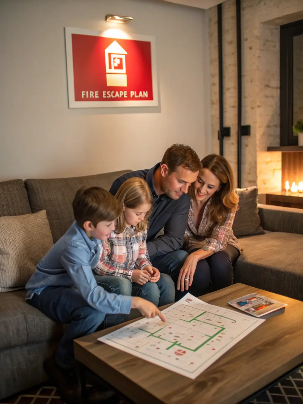 An image showcasing a family safely evacuating their home during a fire drill, emphasizing the peace of mind provided by a reliable fire detection system.
